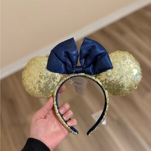 Gold Glitter Mouse Ears with Blue Bow